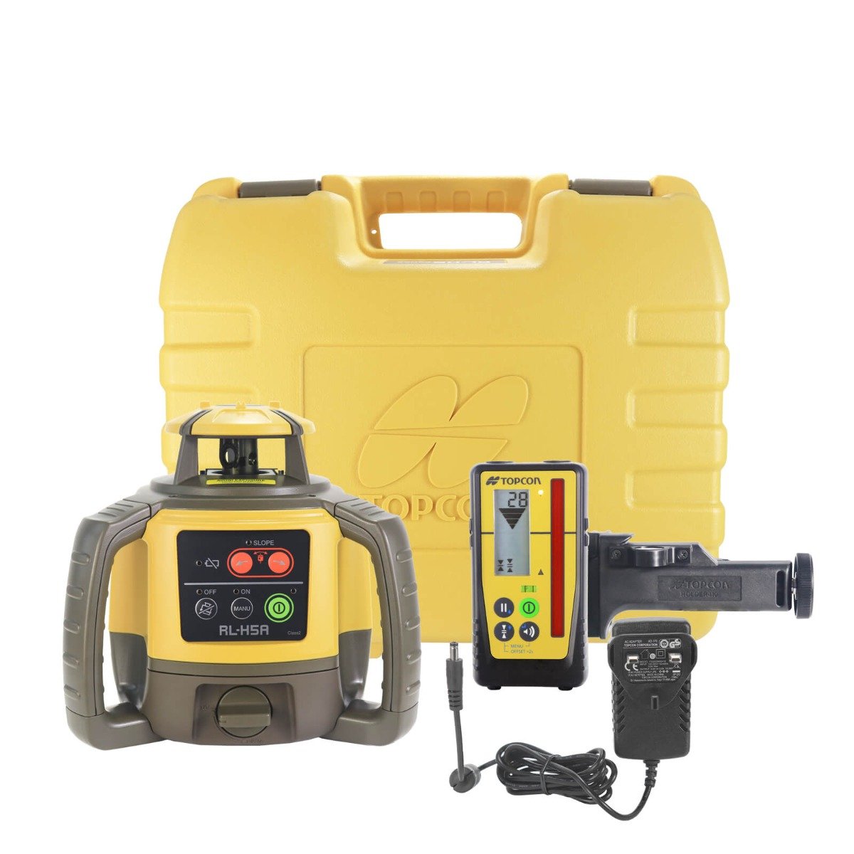 Topcon RL-H5A Rotary Laser Level Base Unit with LS-100D (mm/inch) Detector. Long Range Laser Grading Kit. 5-Year Warranty. No Tripod & Staff