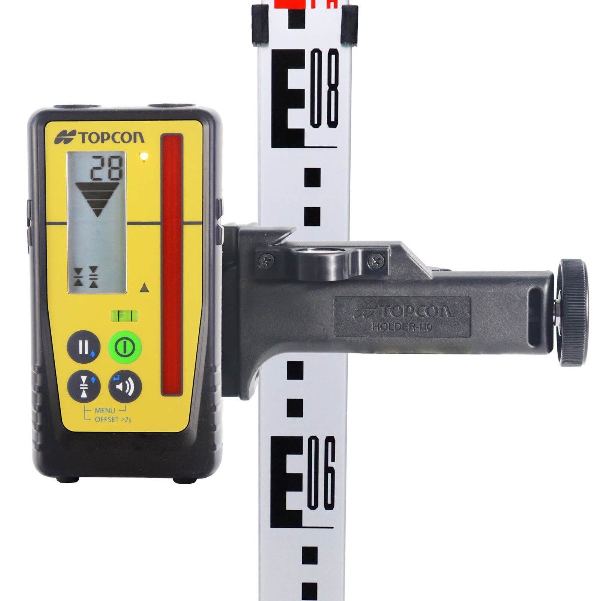 Topcon LS-100D Detector with Digital Readout (mm/inch) on front face of Measuring Staff. Shows the mm/inch scale to see the elevation or drop on the display e.g 10mm - 8mm - 5mm - 2mm - LEVEL. Includes Holder 110.