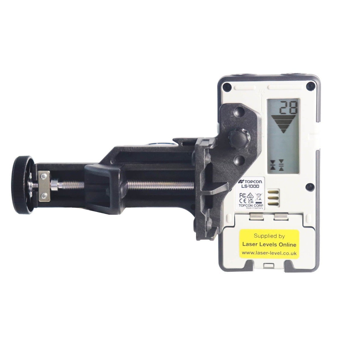 Topcon LS-100D Detector with Digital Readout (mm/inch). Shows the mm/inch scale to see the elevation or drop on the display e.g 10mm - 8mm - 5mm - 2mm - LEVEL. Includes Holder 110.