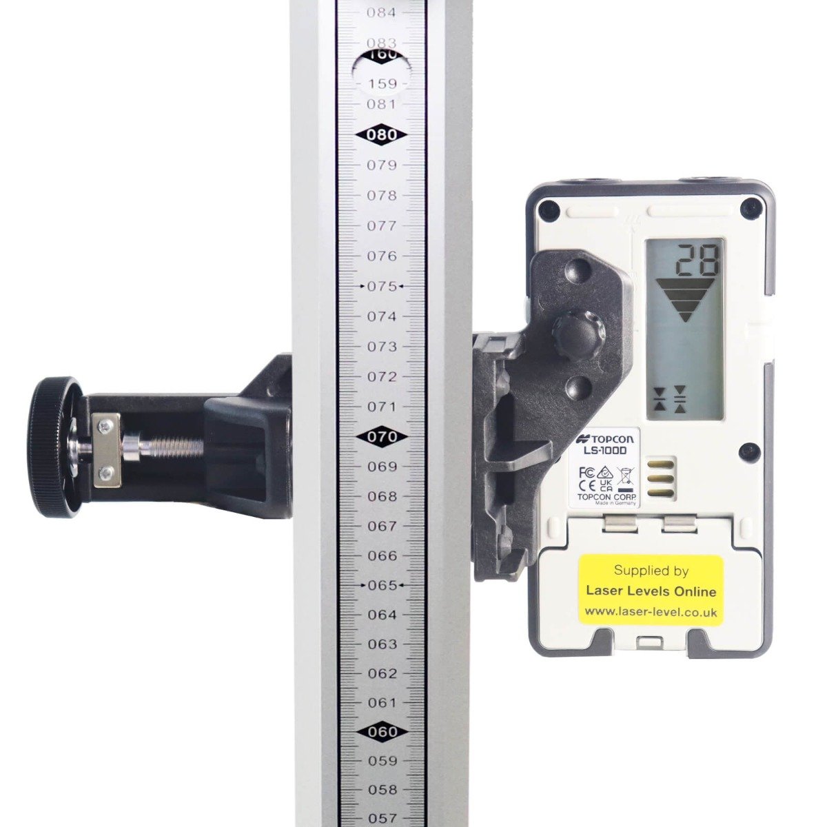 Topcon LS-100D Detector with Digital Readout (mm/inch) on rear face of Measuring Staff. Shows the mm/inch scale to see the elevation or drop on the display e.g 10mm - 8mm - 5mm - 2mm - LEVEL. Includes Holder 110.