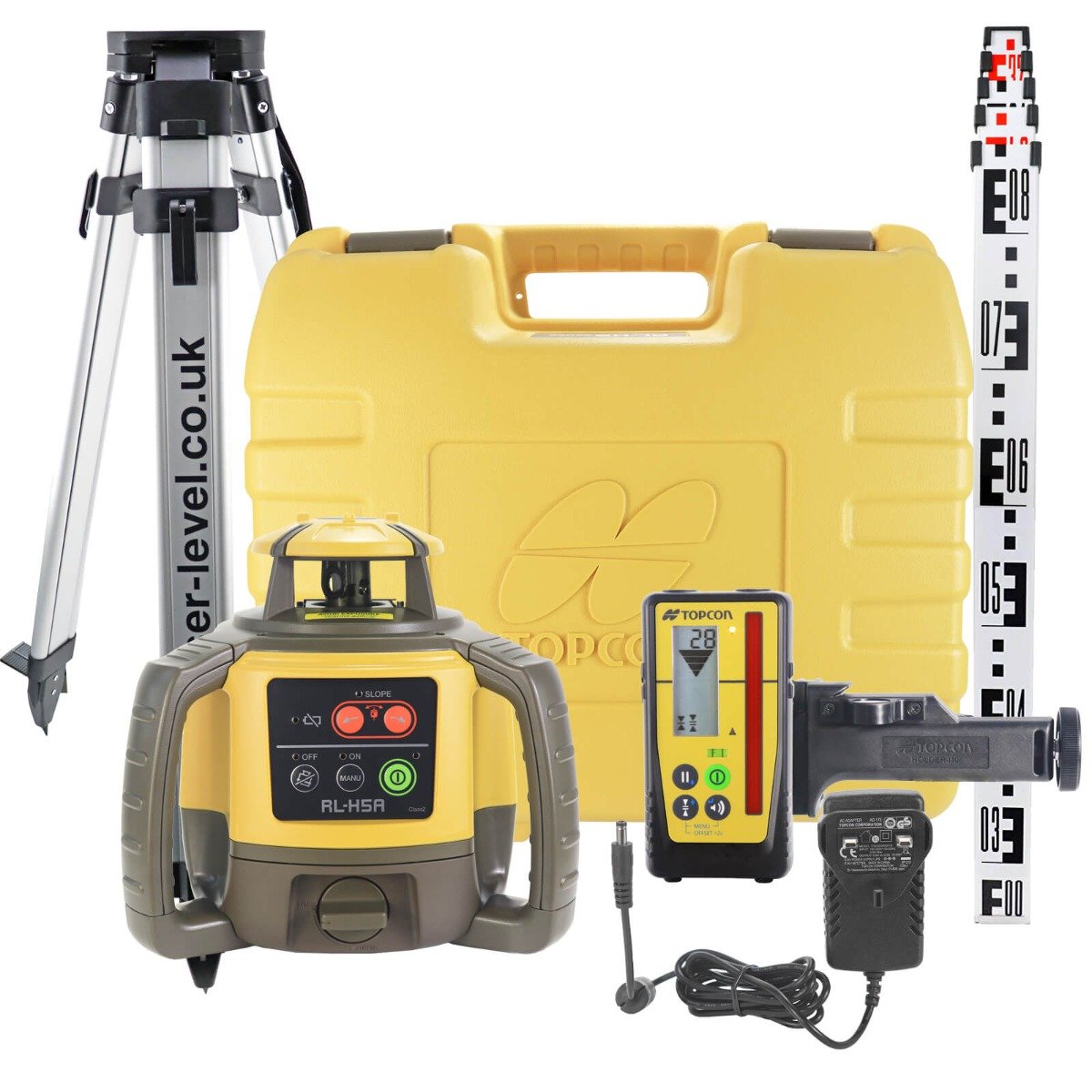 Topcon RL-H5A Rotary Laser Level Kit with LS-100D (mm/inch) Detector. Long Range Laser Grading Kit.